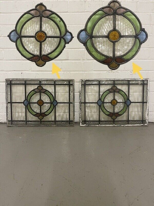 Pair Of Reclaimed Leaded Light Stained Glass Art Nouveau Wooden Window Panels