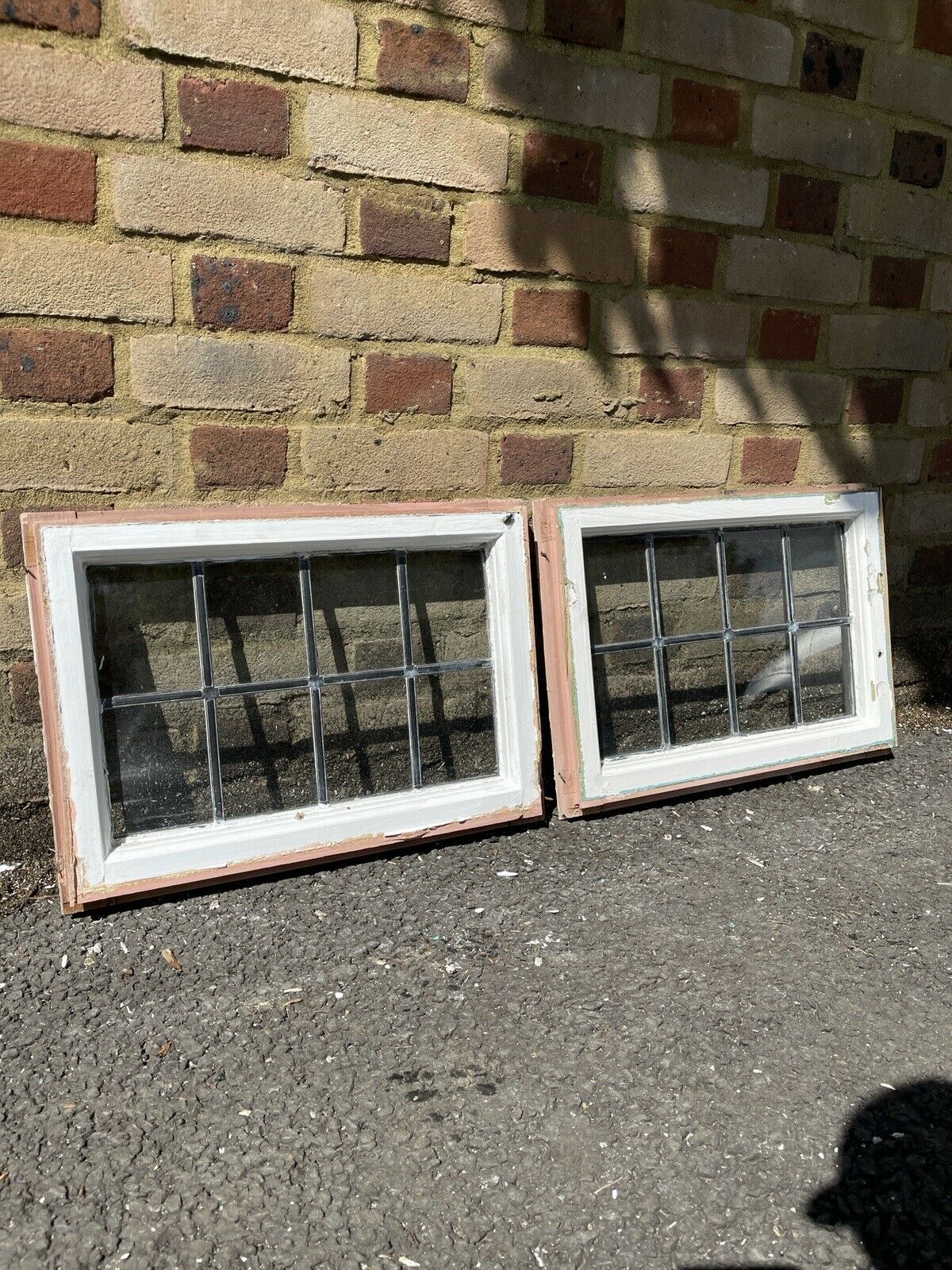 Pair Of Reclaimed Leaded Light Panel Wooden Windows