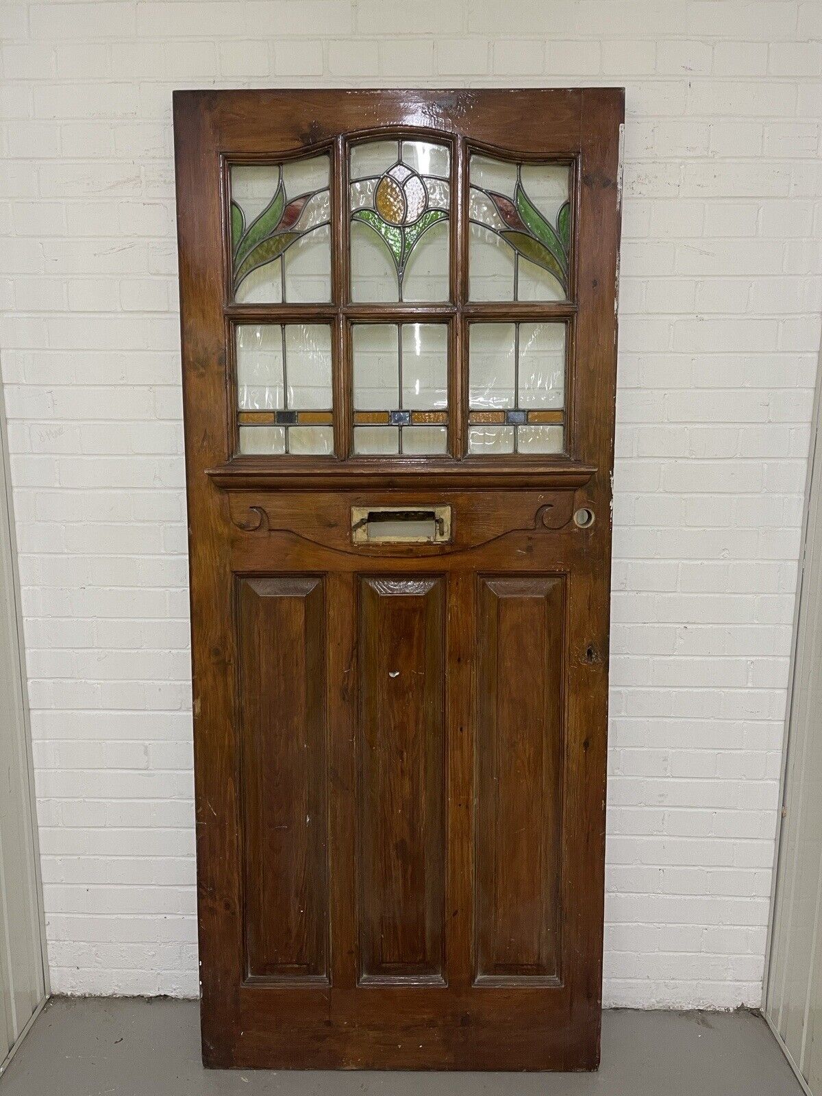 Reclaimed Old Edwardian Wooden Panel Front Door Stained Glass 2123mm x 910mm