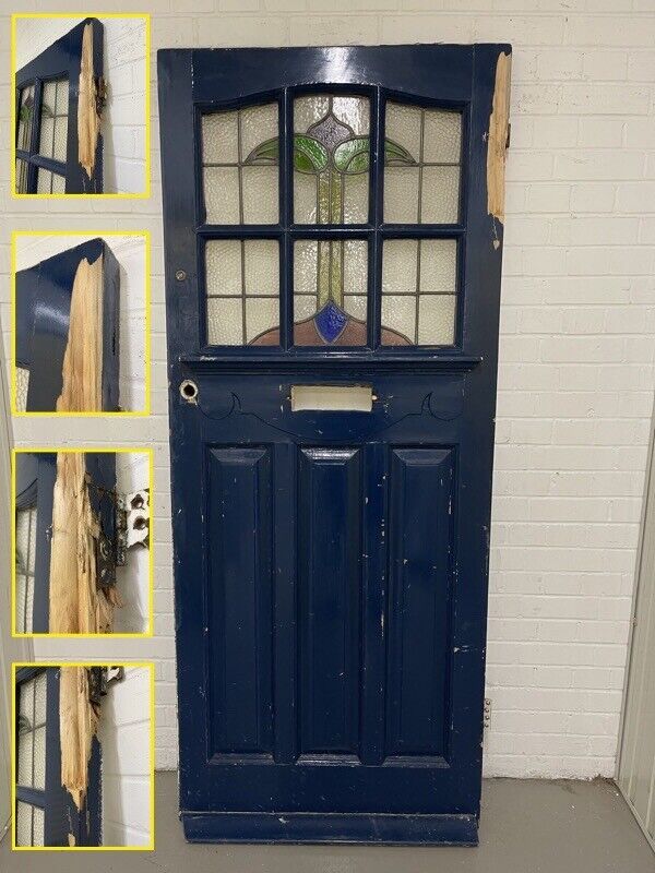 Reclaimed Edwardian Wooden Panel Front Door Stained Glass 2060 or 2070 x 858mm