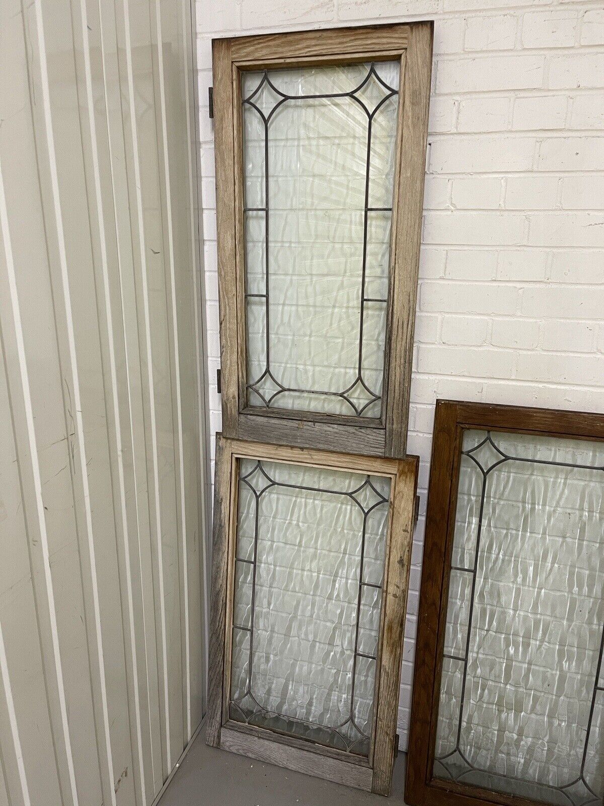 Job Lot Of Four Double Glazed Leaded Trim Oak Wooden Windows Various Sizes