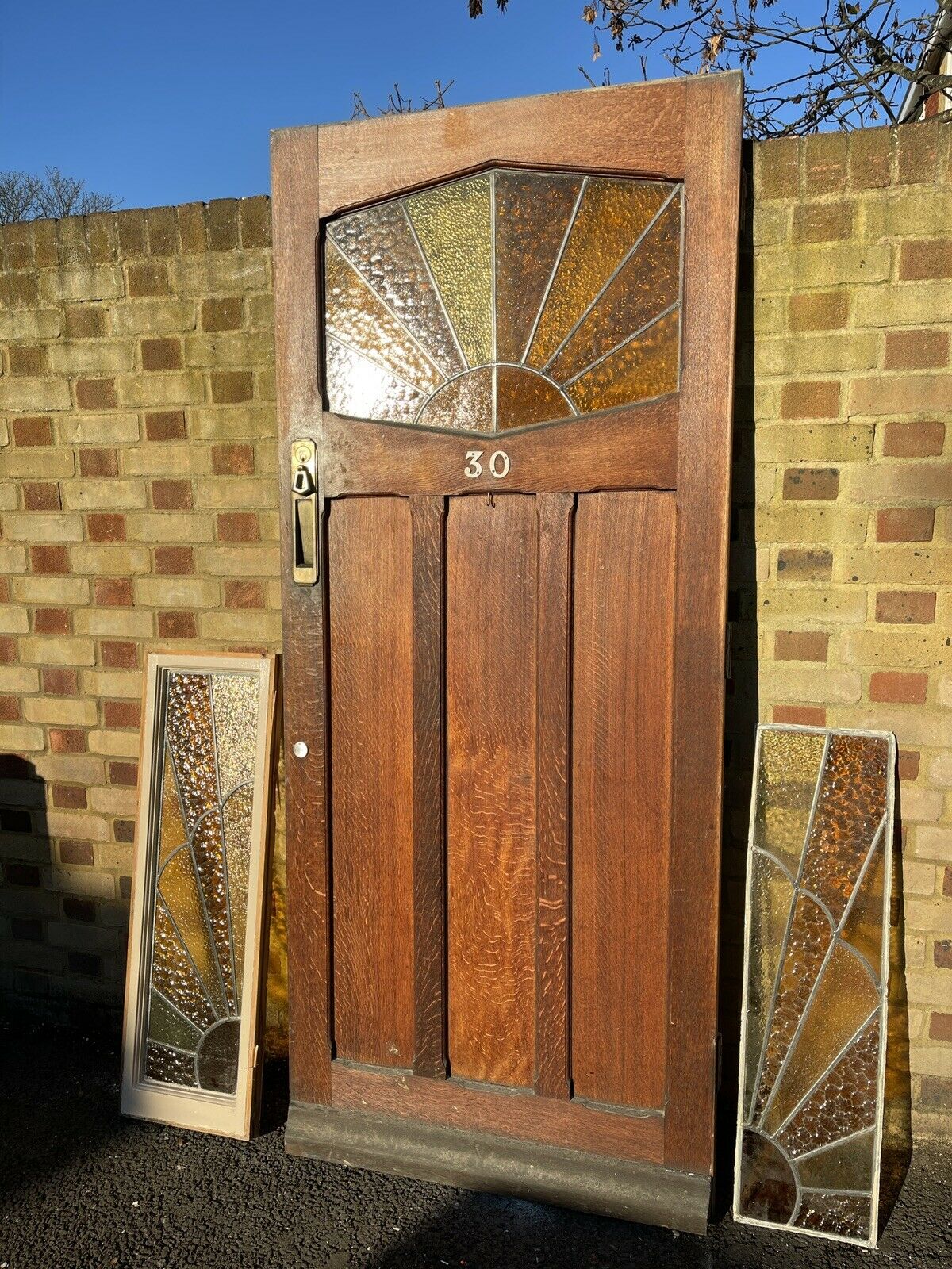 Reclaimed Edwardian Oak Wooden Panel Front Door Side Panel Sunrise Stained Glass