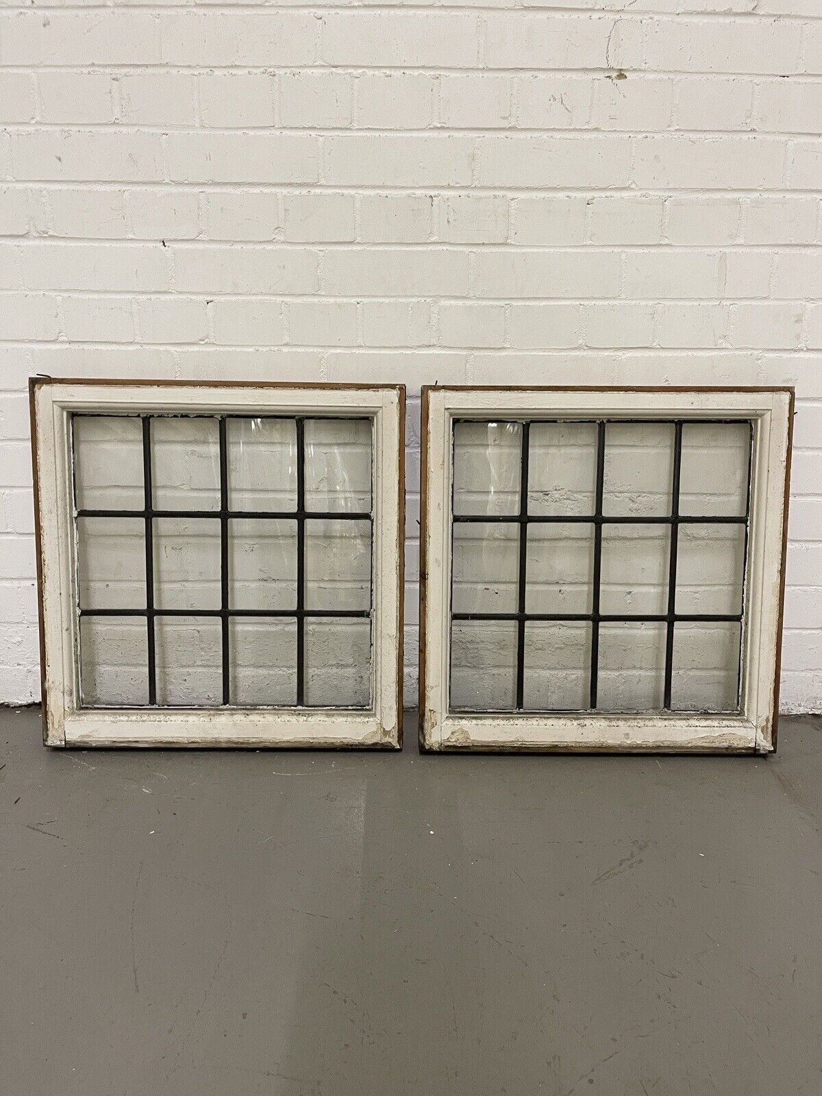 Pair Of Reclaimed Leaded Light Panel Wooden Windows 565 x 575 565 x 575mm