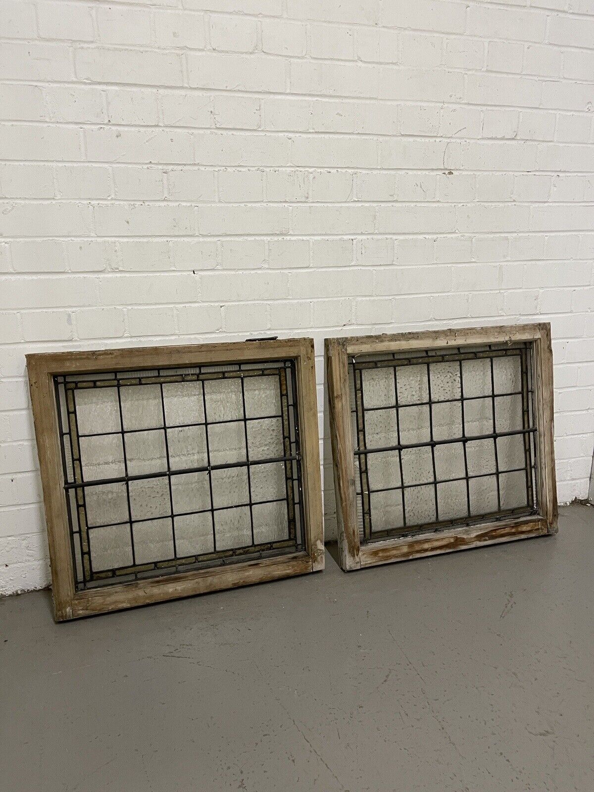 Pair Of Reclaimed Leaded Light Stained Glass Wooden Window Panels