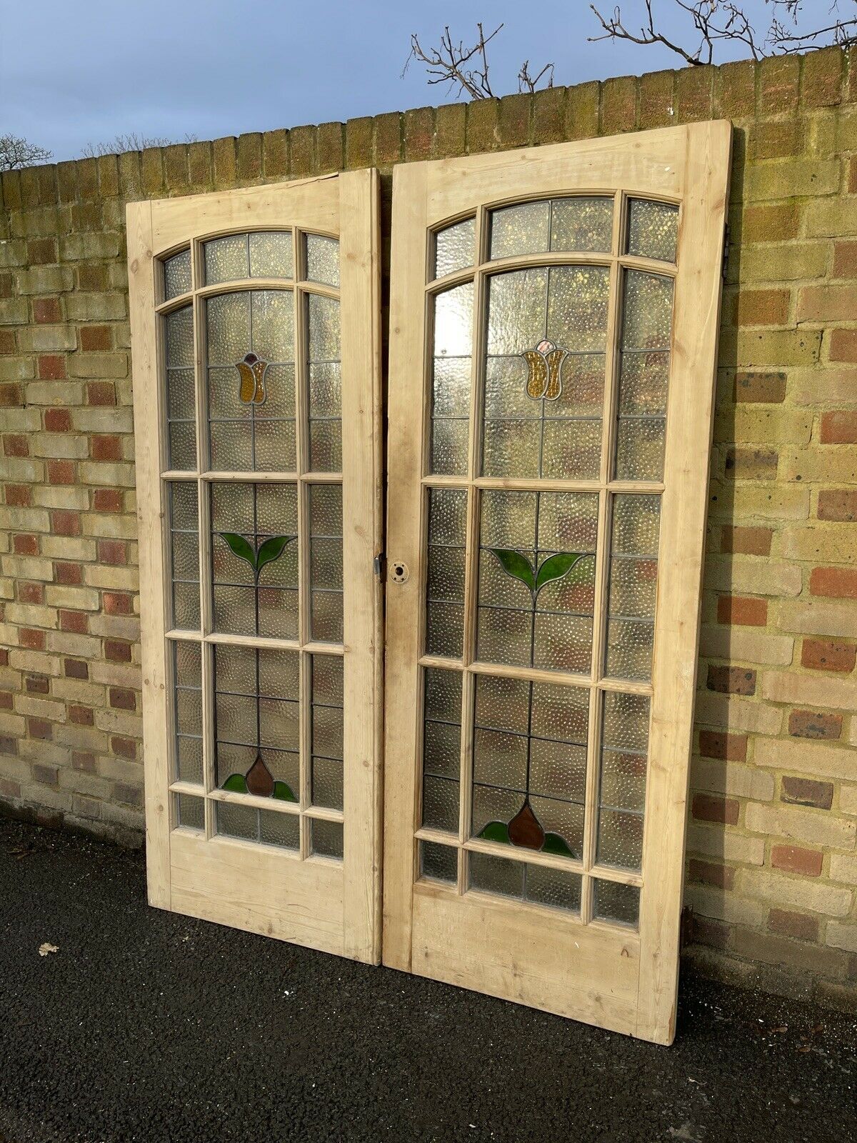 Reclaimed Old French Leaded Light Stained Panel Glass Wooden Double Doors