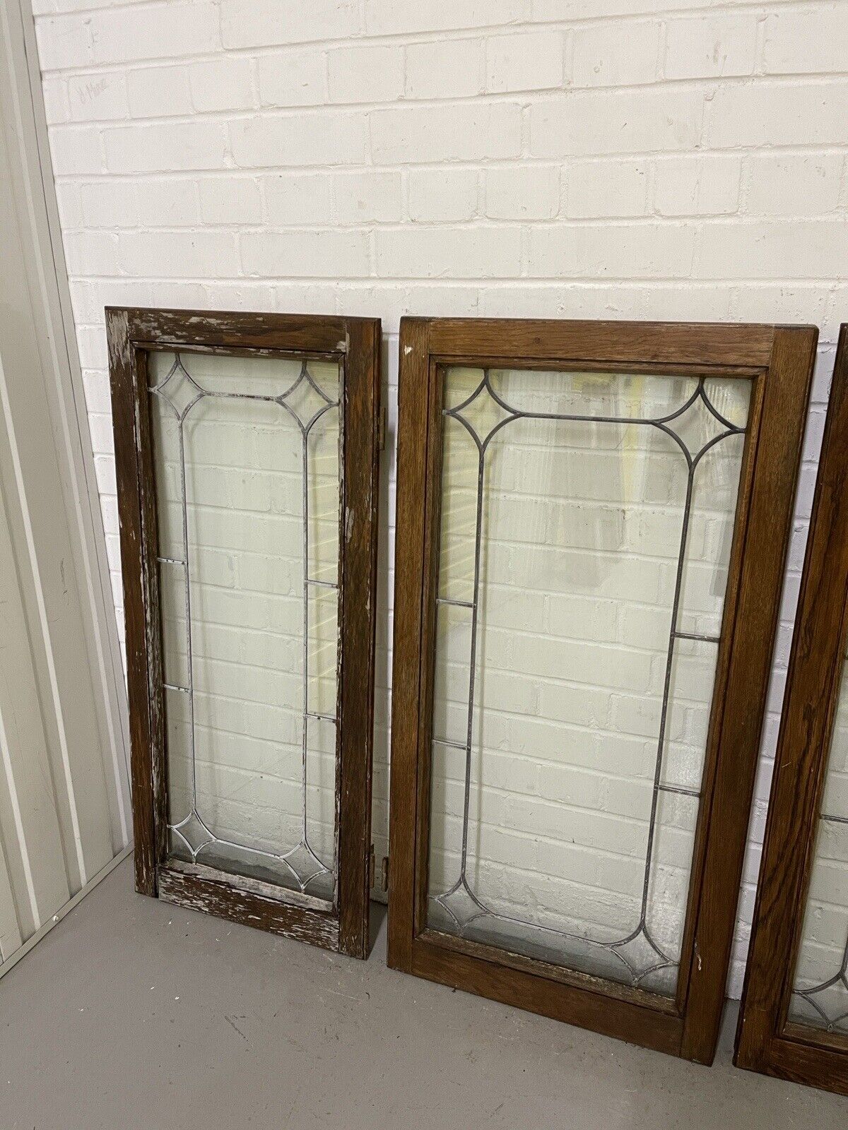 Job Lot Of Three Double Glazed Leaded Trim Oak Wooden Windows Various Sizes