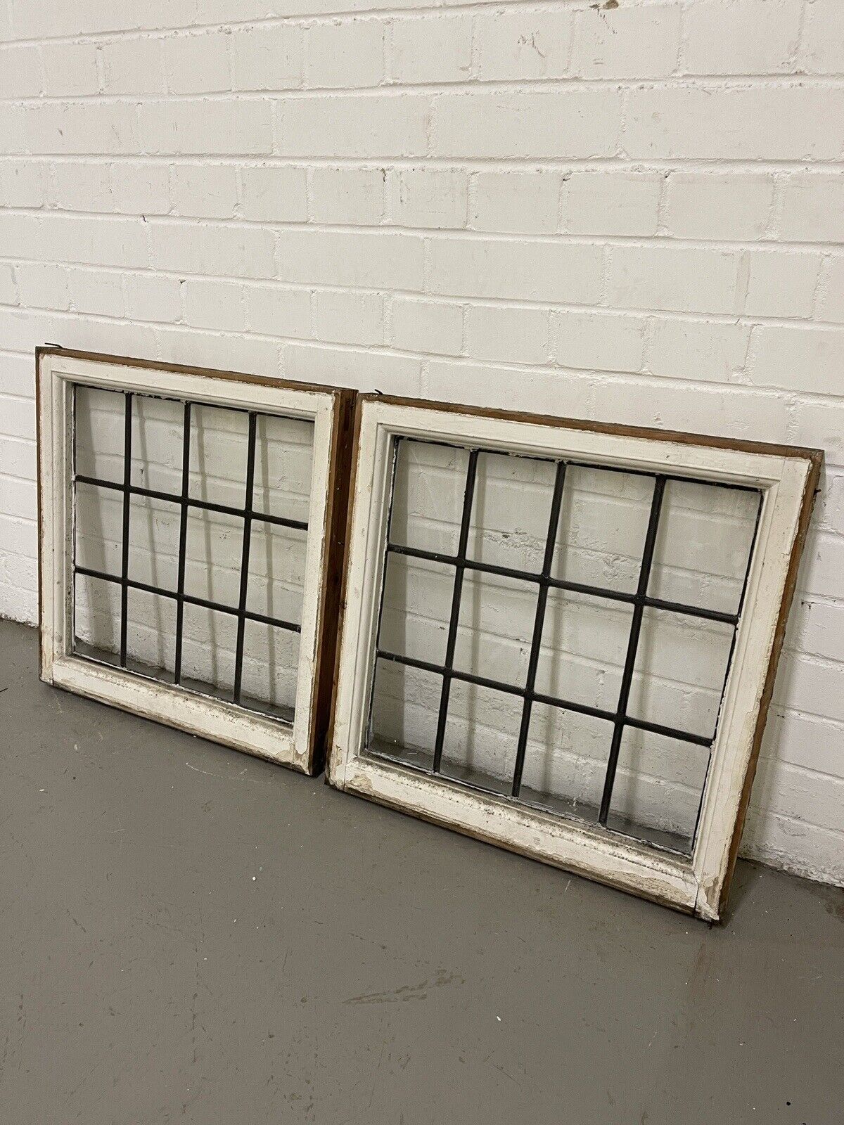 Pair Of Reclaimed Leaded Light Panel Wooden Windows 565 x 575 565 x 575mm