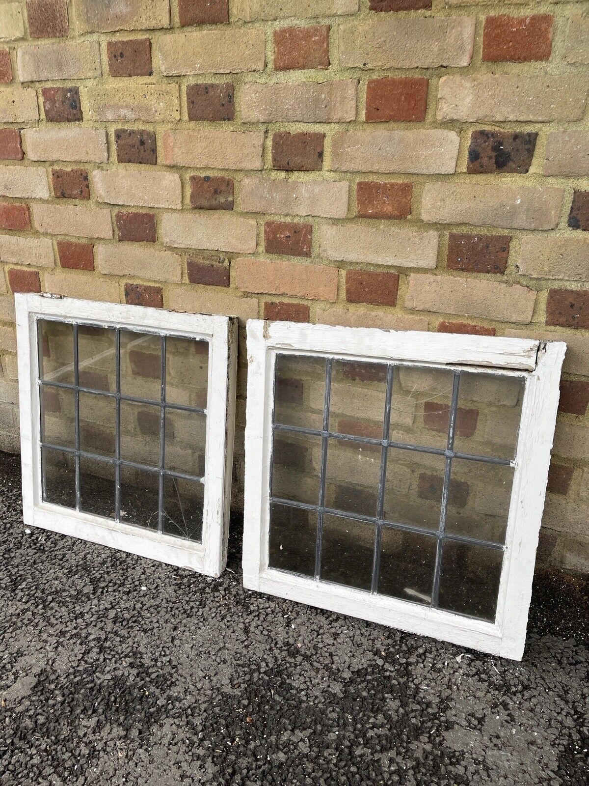 Pair Of Reclaimed Leaded Light Panel Wooden Windows