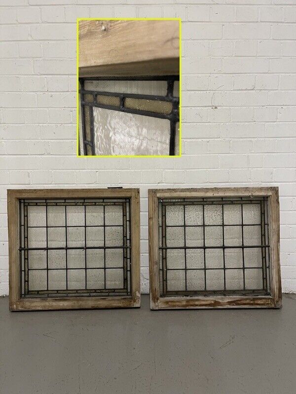 Pair Of Reclaimed Leaded Light Stained Glass Wooden Window Panels