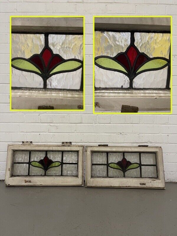 Pair Of Reclaimed Leaded Light Stained Glass Art Nouveau Window Panels