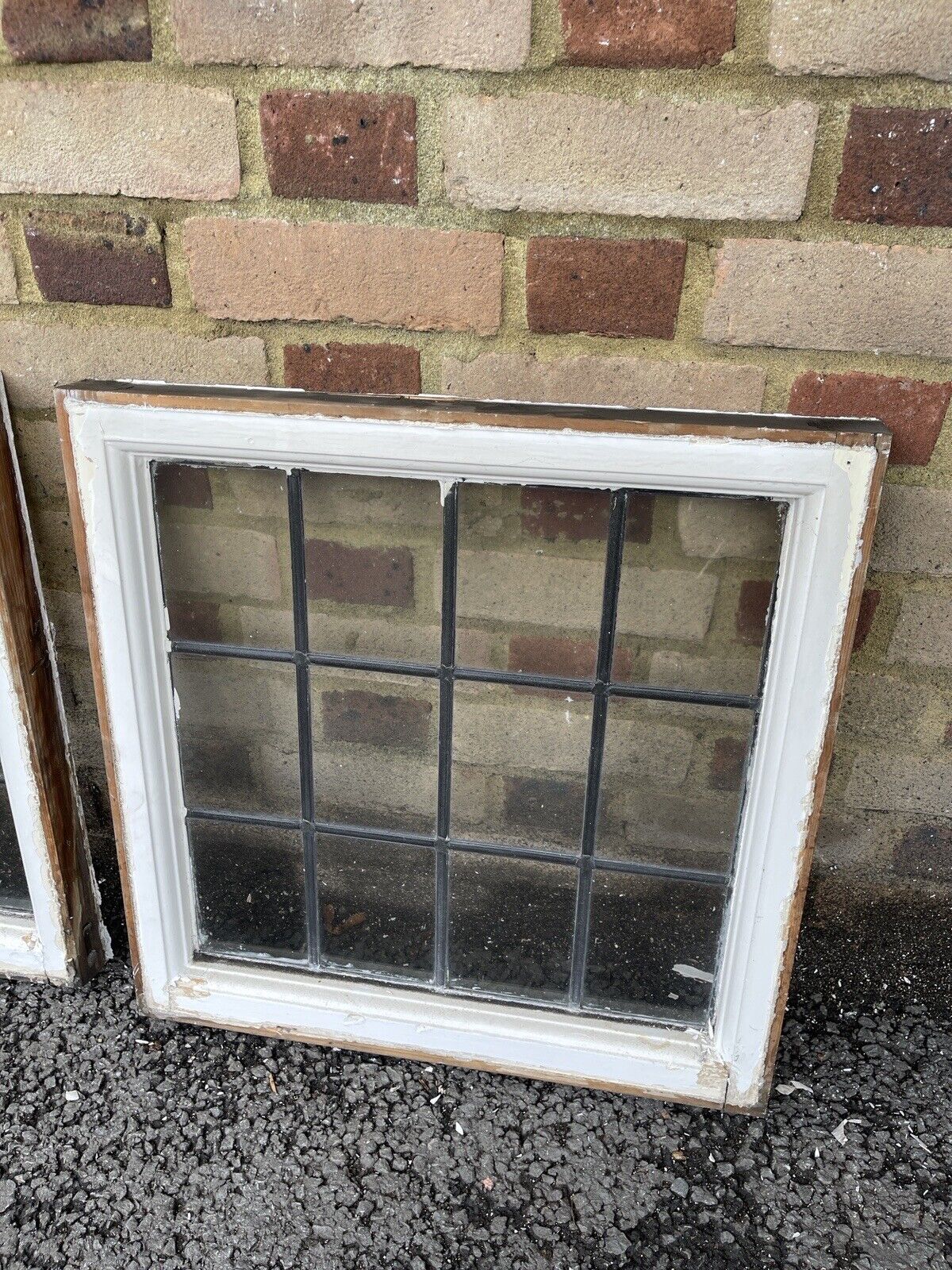 Pair Of Reclaimed Leaded Light Panel Wooden Windows