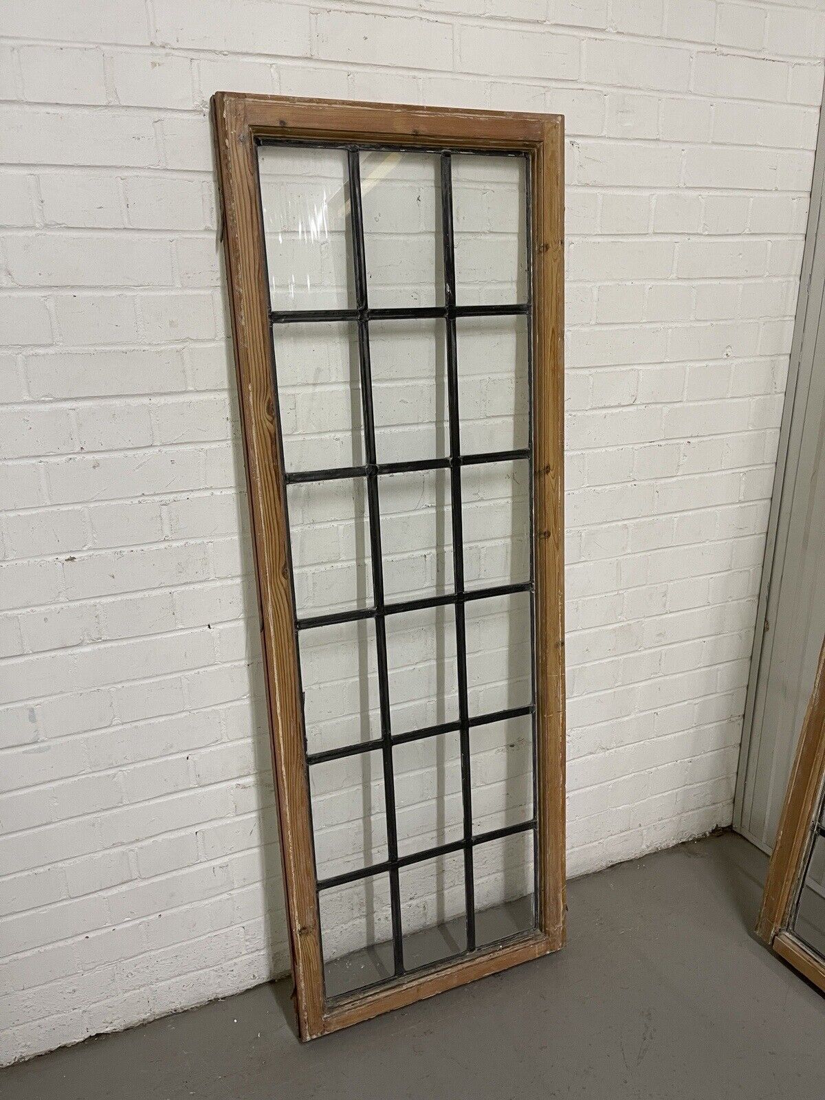 Pair Of Large Reclaimed Leaded Light Panel Wooden Windows 555mm x 1543mm