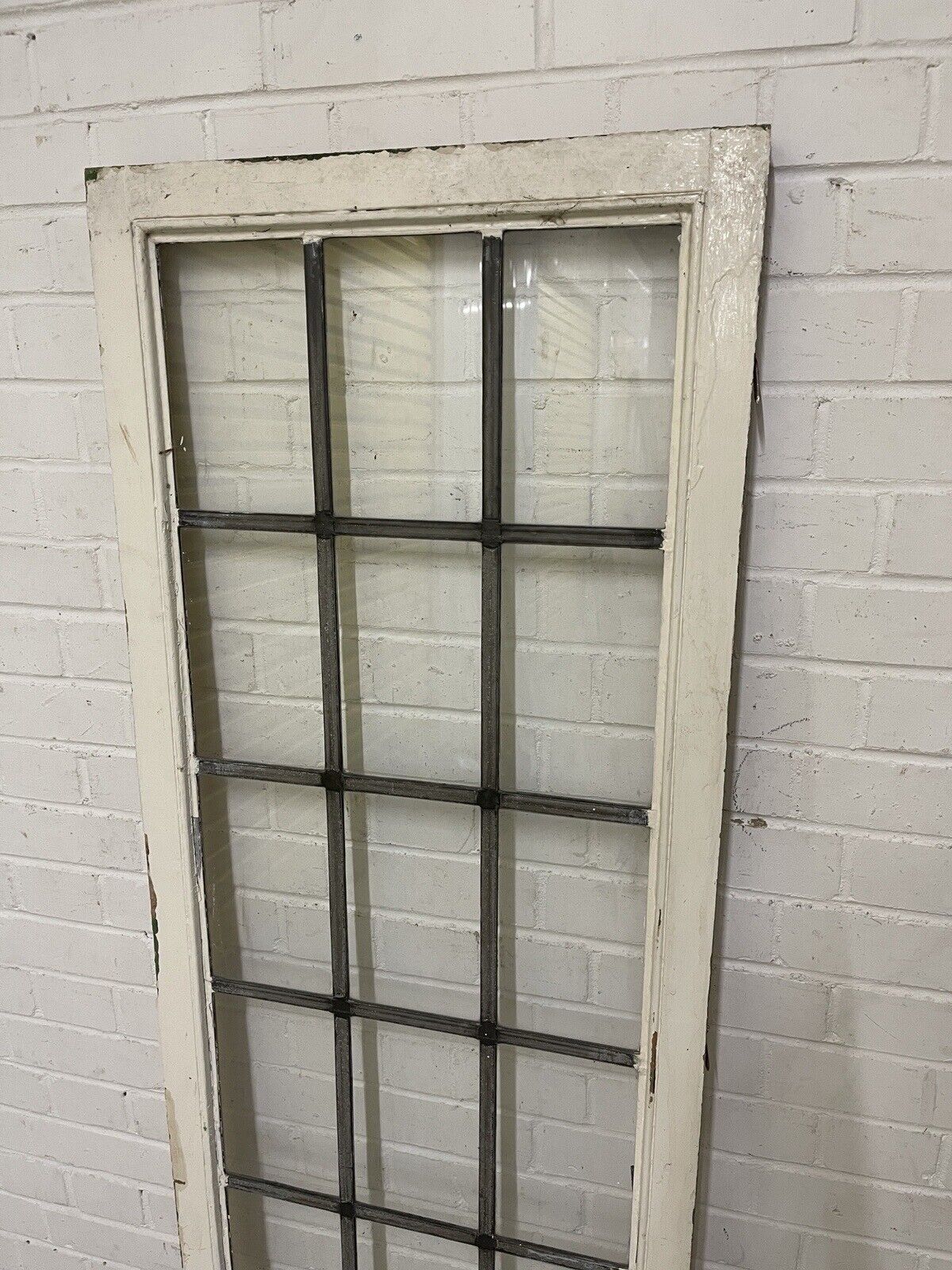 Pair Of Large Reclaimed Leaded Light Panel Wooden Windows 555mm x 1543mm