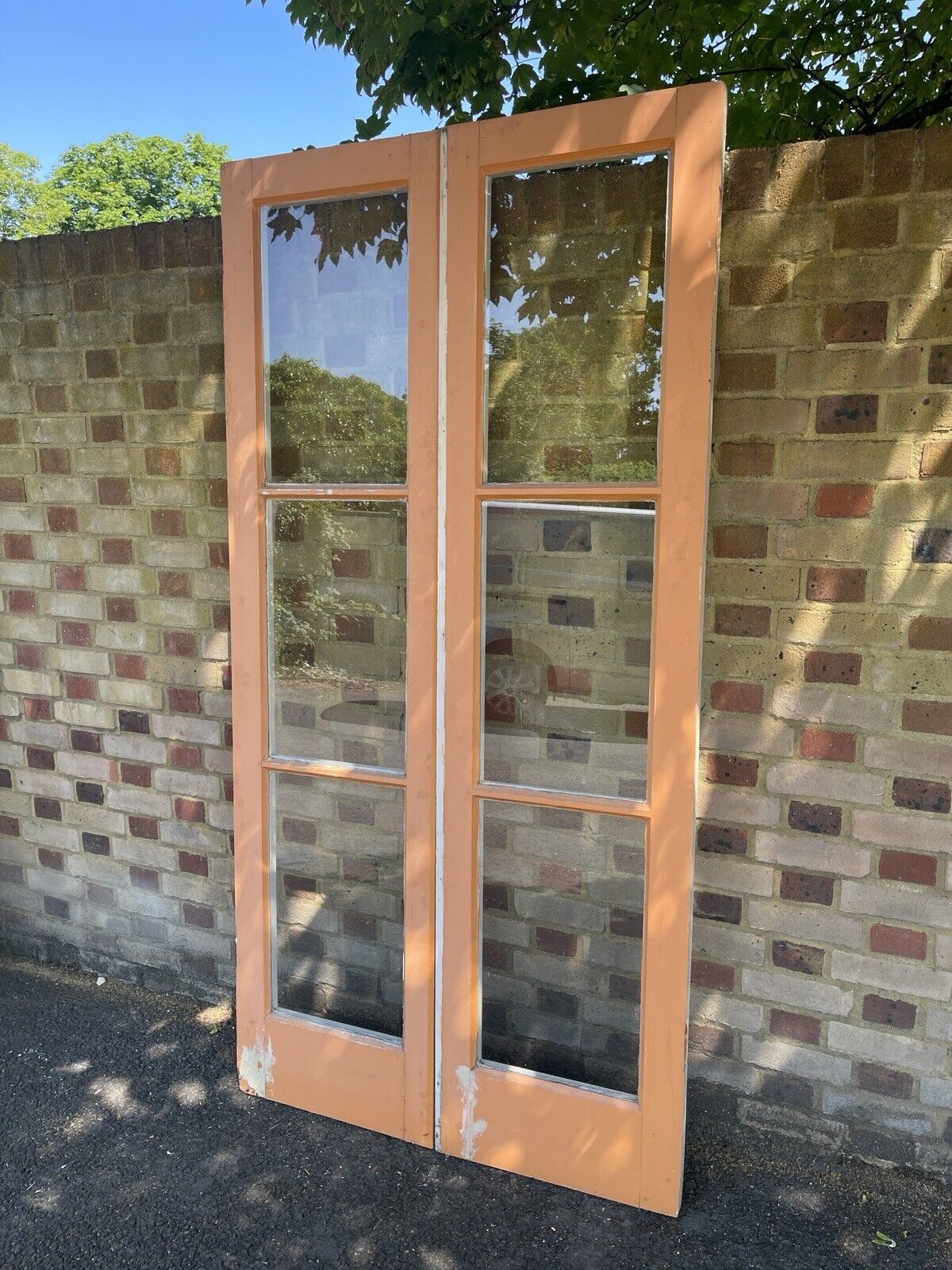 Reclaimed Old French Single Panel Glass Wooden Double Doors 2120 x 1060mm