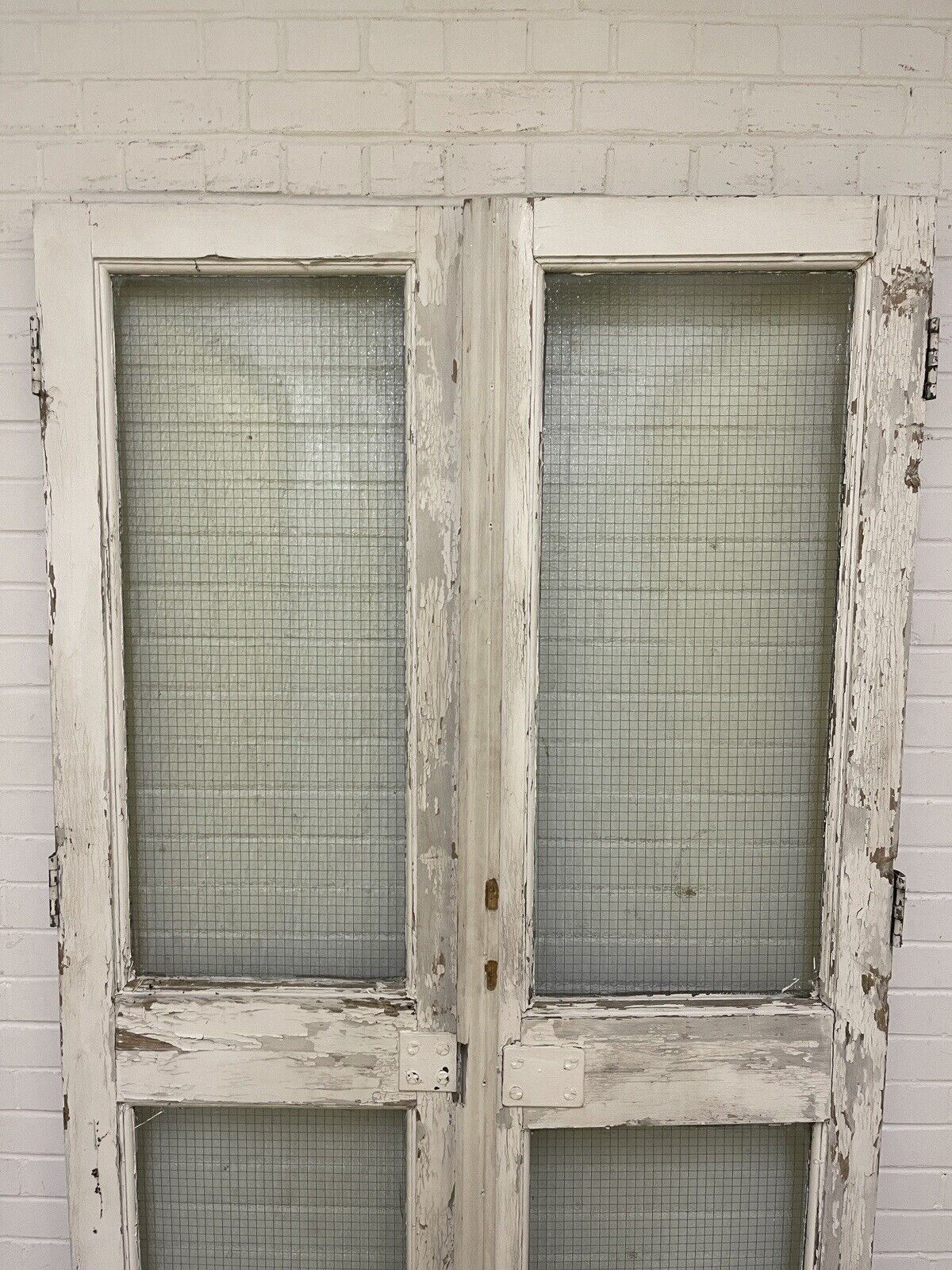 Reclaimed Industrial French Safety Glass Wooden Double Doors  1970 x 1165