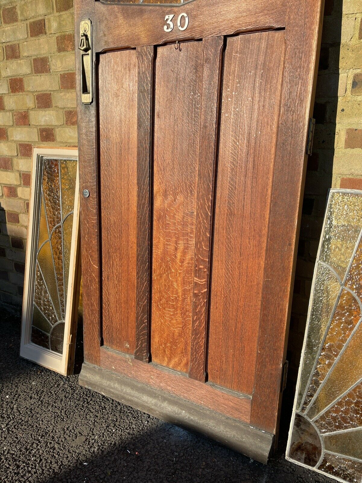 Reclaimed Edwardian Oak Wooden Panel Front Door Side Panel Sunrise Stained Glass