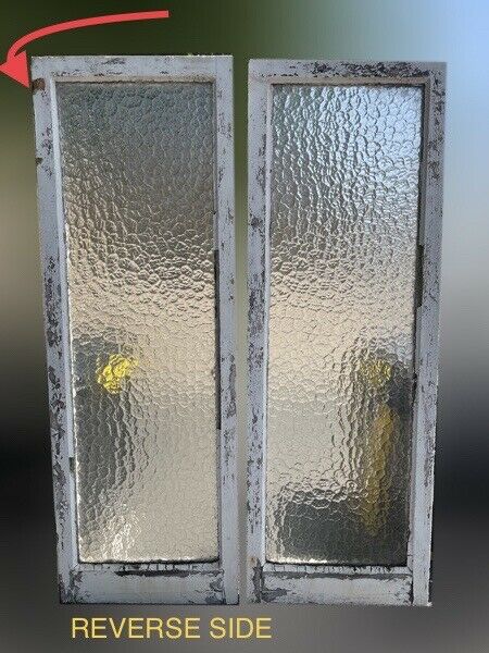 Pair Of Reclaimed Arctic Obscure Glass Wooden Panel Windows