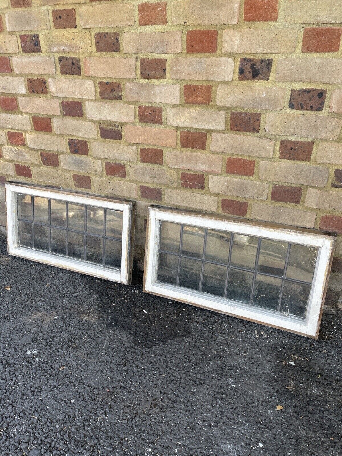 Pair Of Reclaimed Leaded Light Panel Wooden Windows