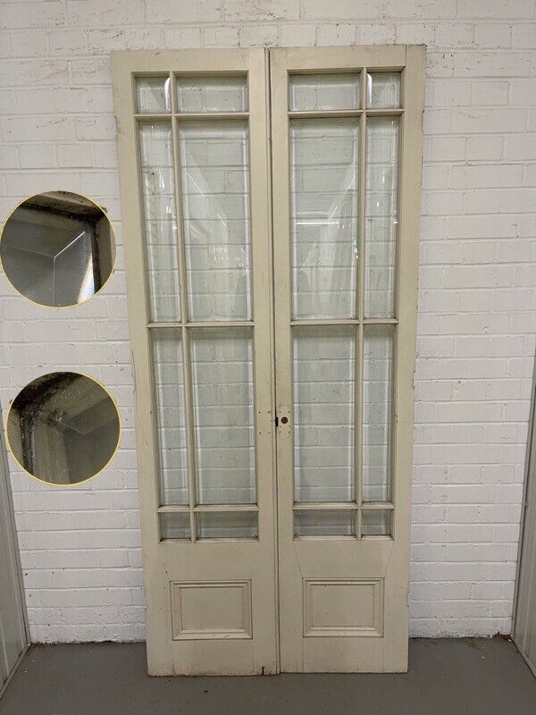 Reclaimed French Single Panel Bevelled Glass Wooden Double Doors 2005 x 900mm