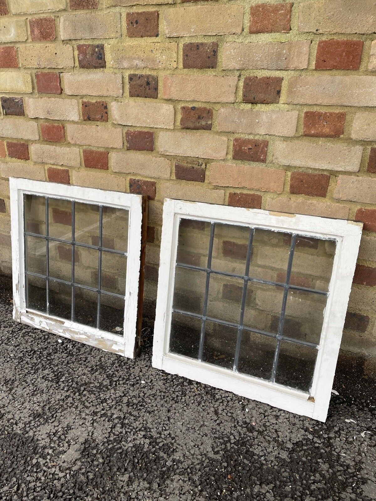 Pair Of Reclaimed Leaded Light Panel Wooden Windows