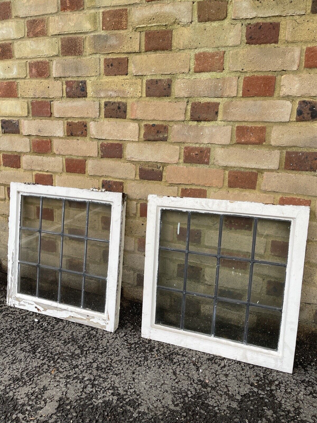 Pair Of Reclaimed Leaded Light Panel Wooden Windows