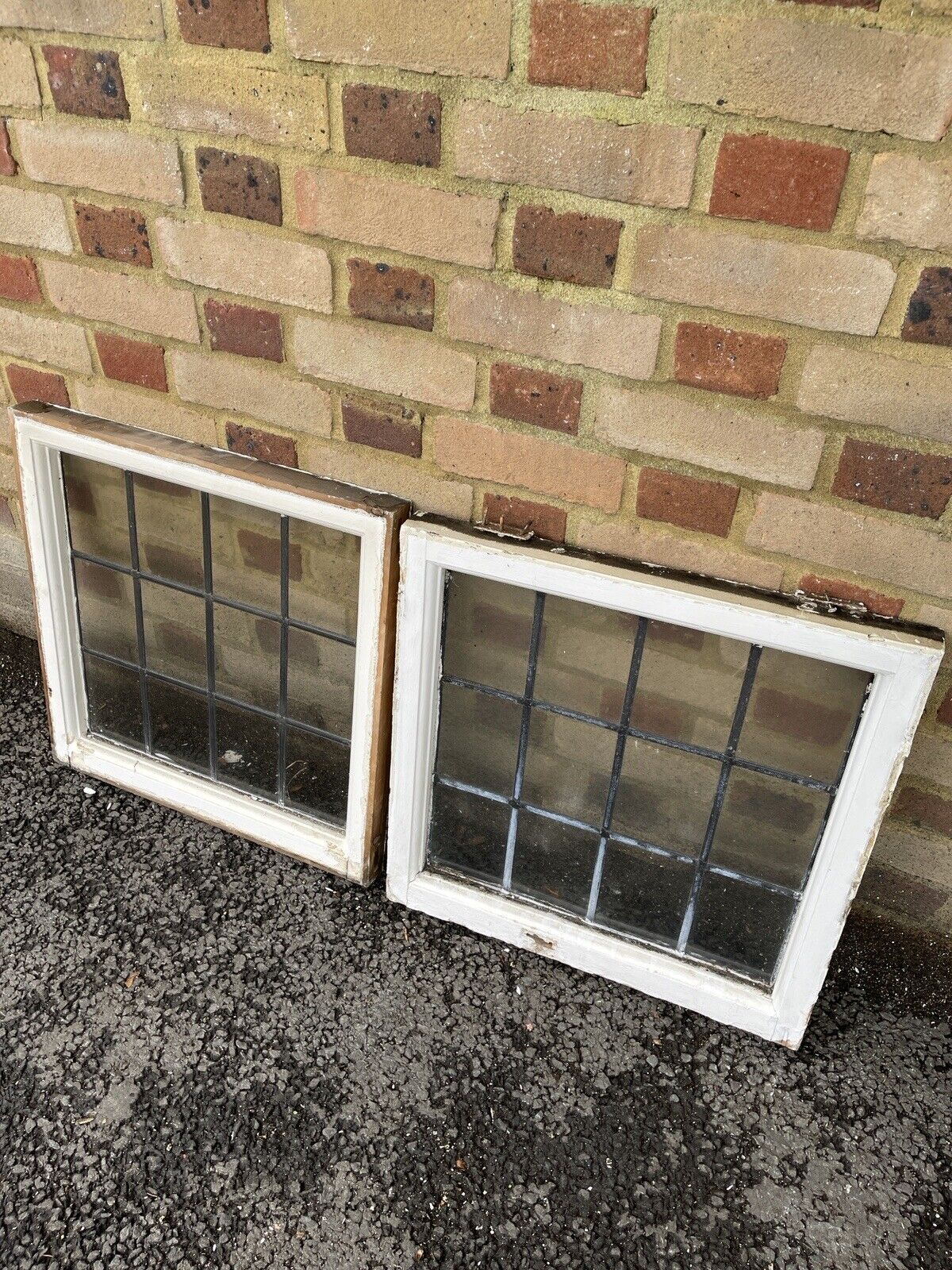 Pair Of Reclaimed Leaded Light Panel Wooden Windows