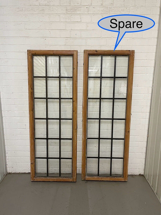 Pair Of Large Reclaimed Leaded Light Panel Wooden Windows 555mm x 1543mm