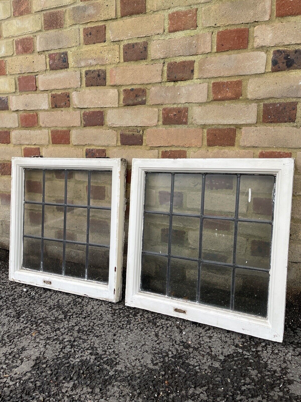 Pair Of Reclaimed Leaded Light Panel Wooden Windows