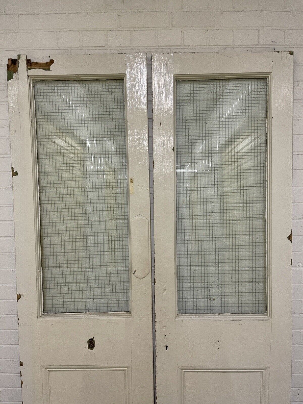 Reclaimed Old Large French Safety Glass Wooden Swivel Double Doors 2120 x 1220mm