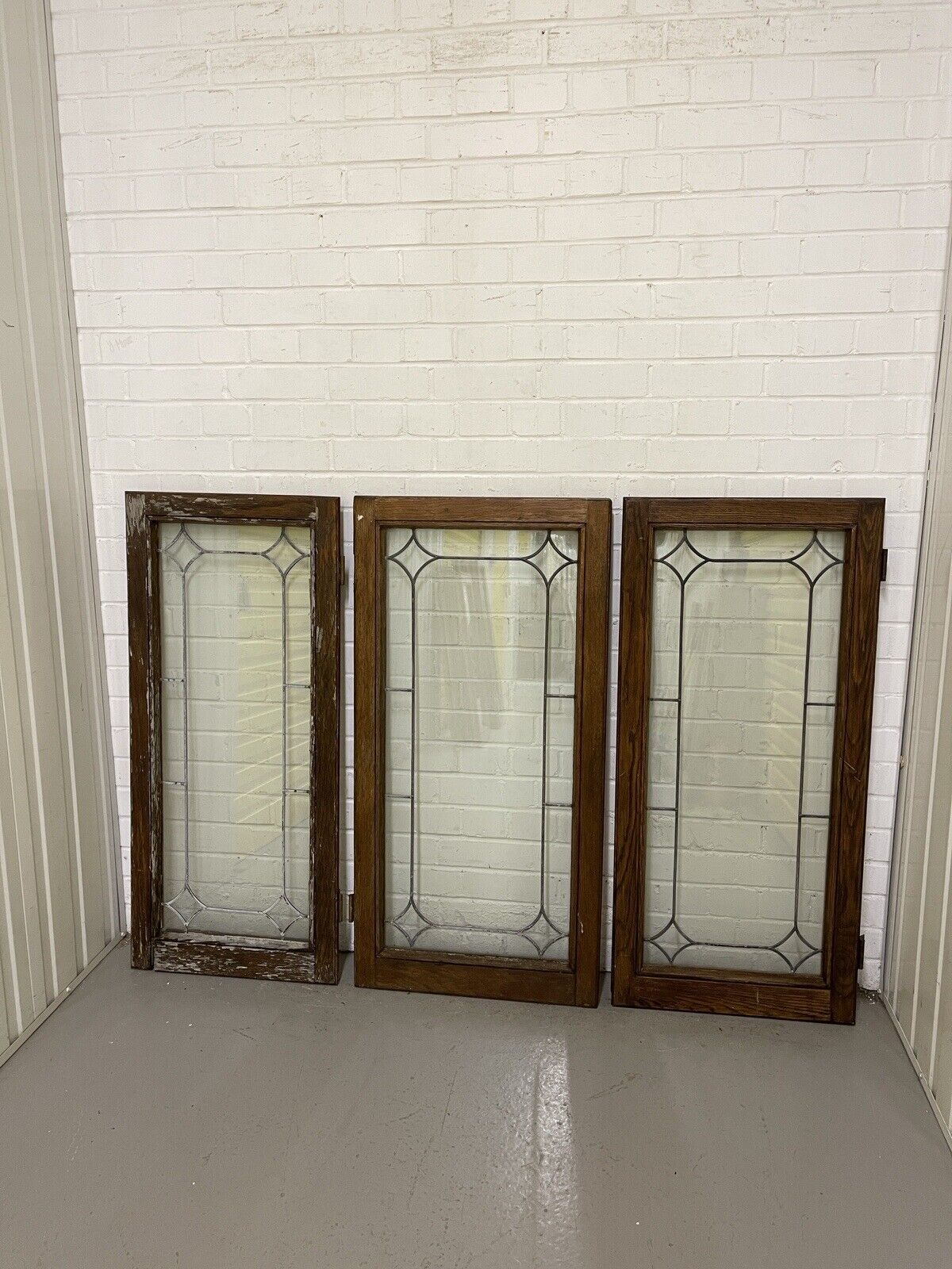 Job Lot Of Three Double Glazed Leaded Trim Oak Wooden Windows Various Sizes