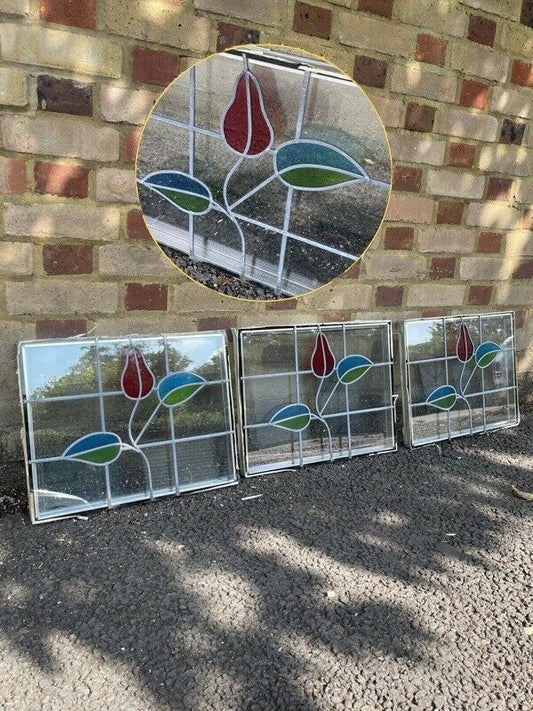 Job Lot Of Three Leaded Light Double Glazed Floral Stained Glass Panels