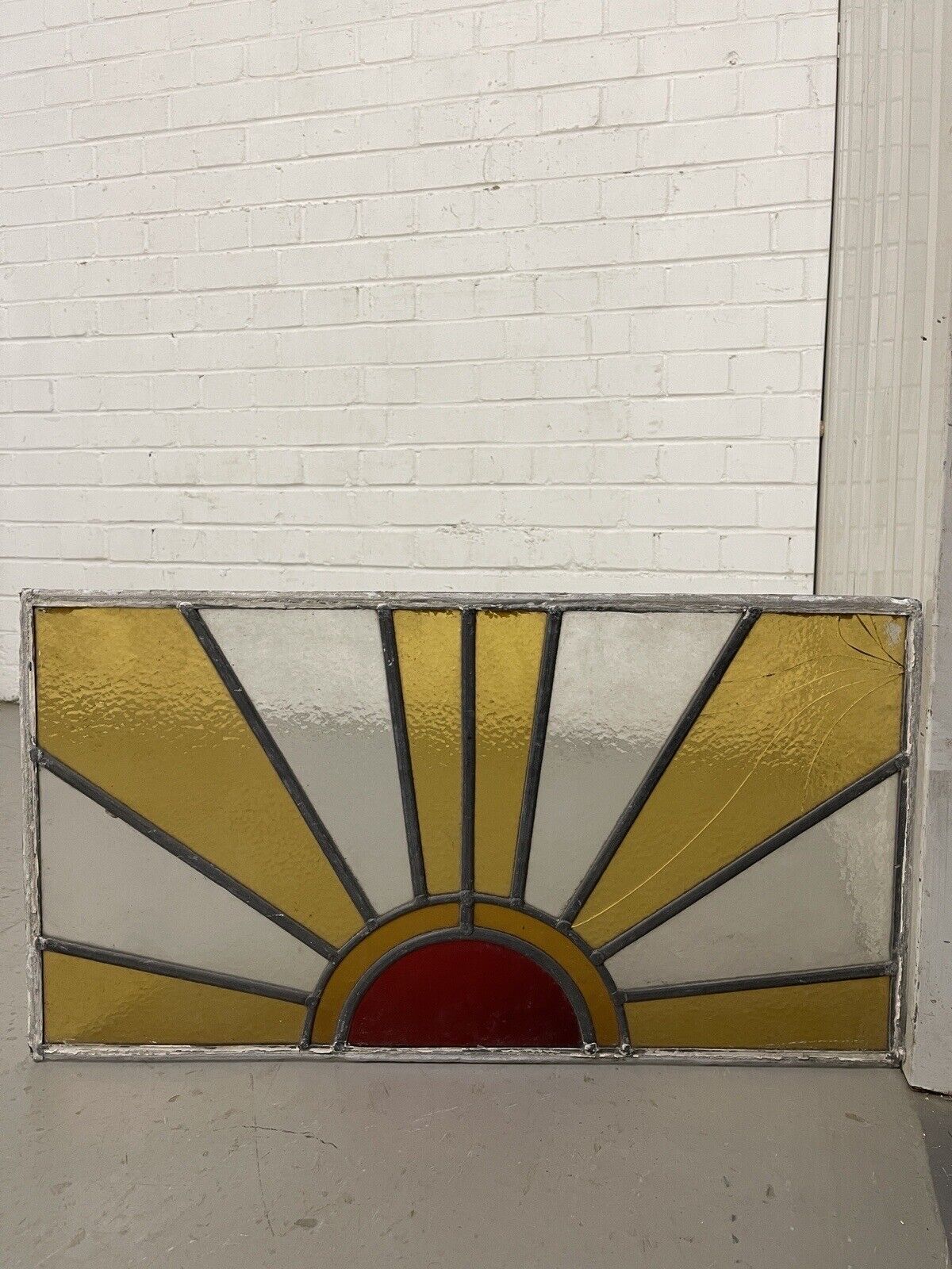 Reclaimed Sunburst Leaded Light Stained Glass Window Panel 630mm x 335mm