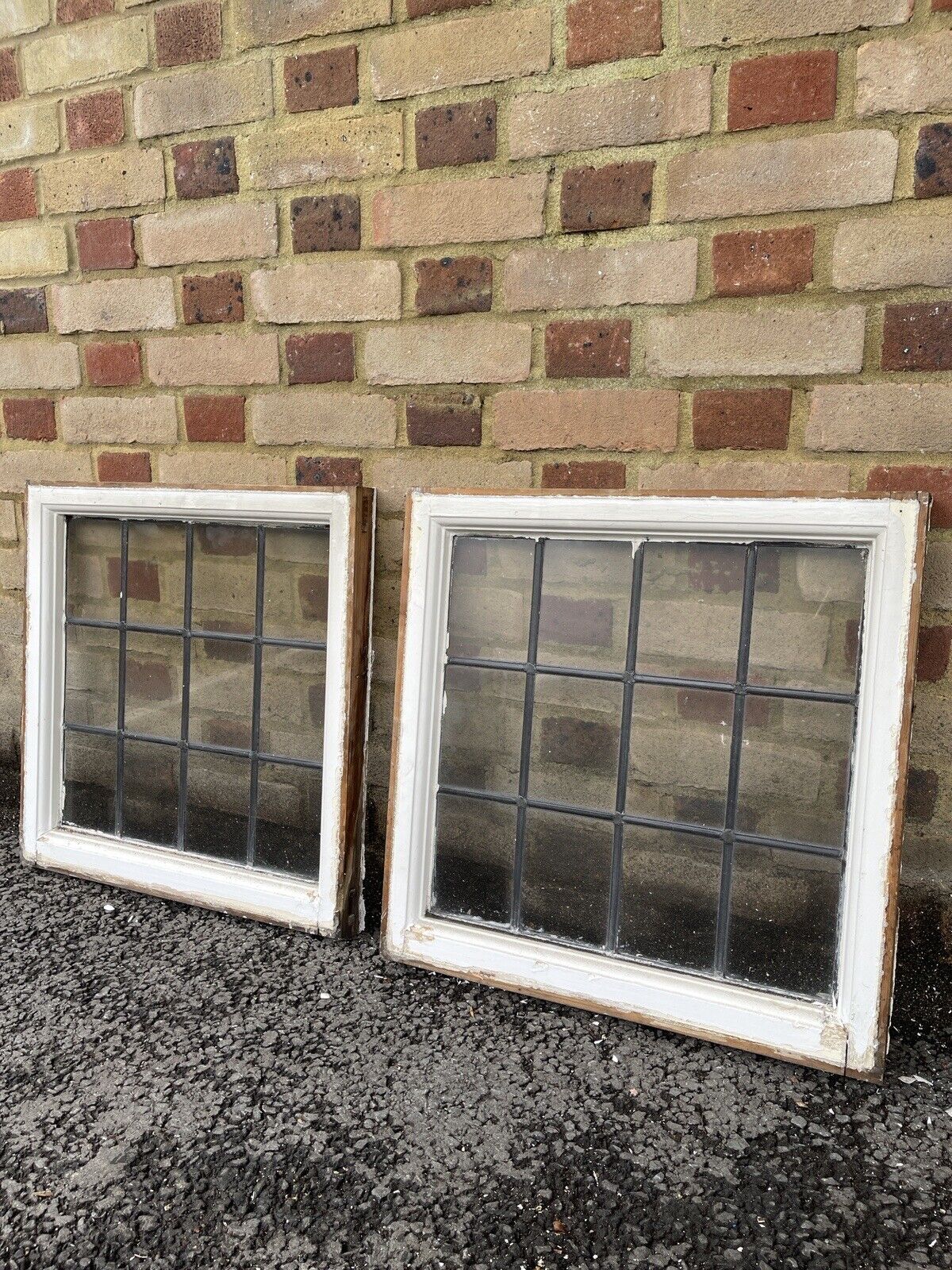 Pair Of Reclaimed Leaded Light Panel Wooden Windows