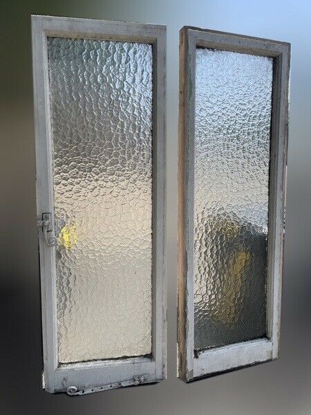 Pair Of Reclaimed Arctic Obscure Glass Wooden Panel Windows