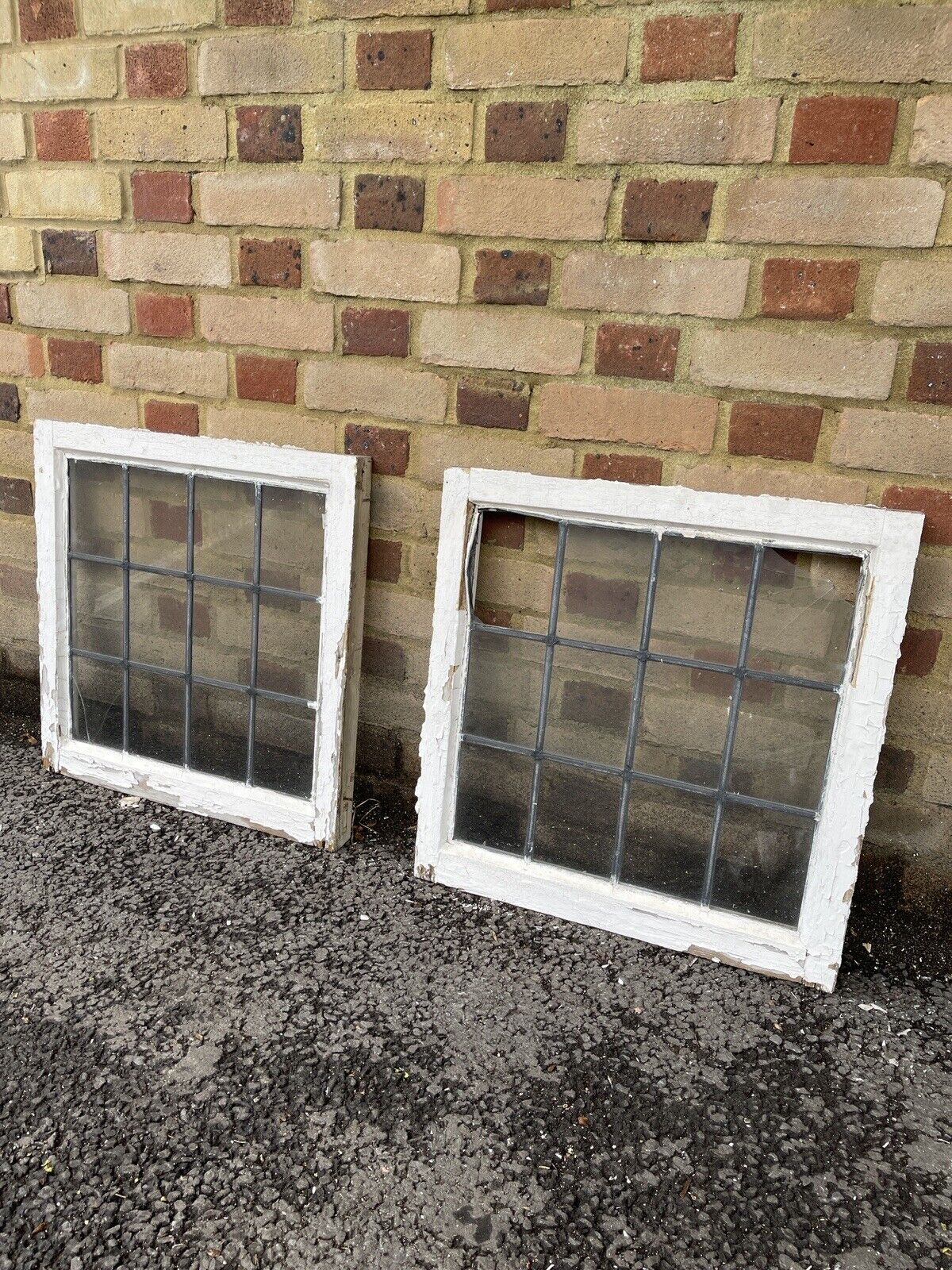 Pair Of Reclaimed Leaded Light Panel Wooden Windows