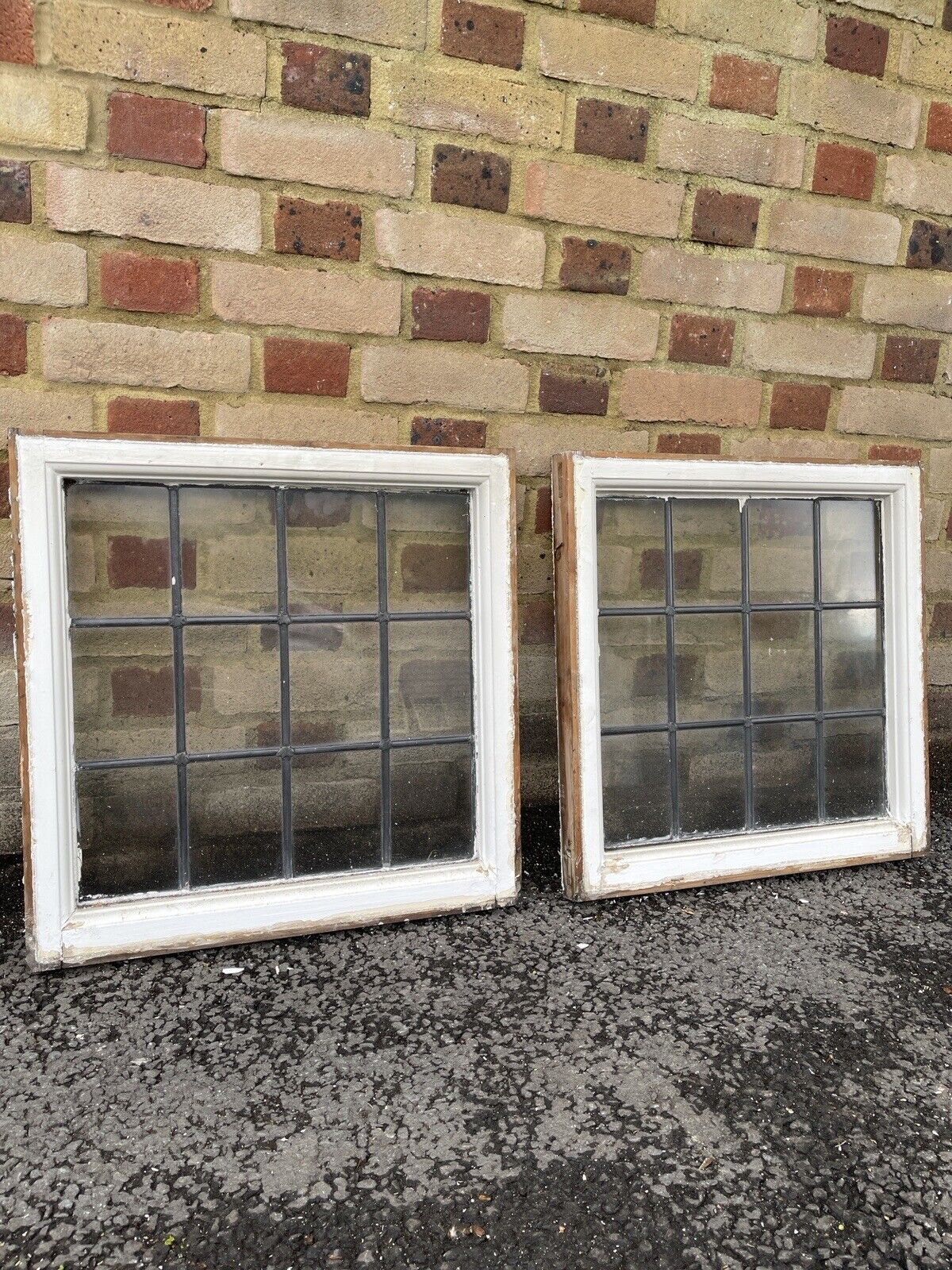 Pair Of Reclaimed Leaded Light Panel Wooden Windows