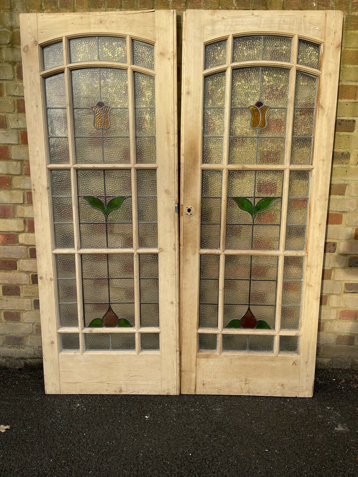 Reclaimed Old French Leaded Light Stained Panel Glass Wooden Double Doors
