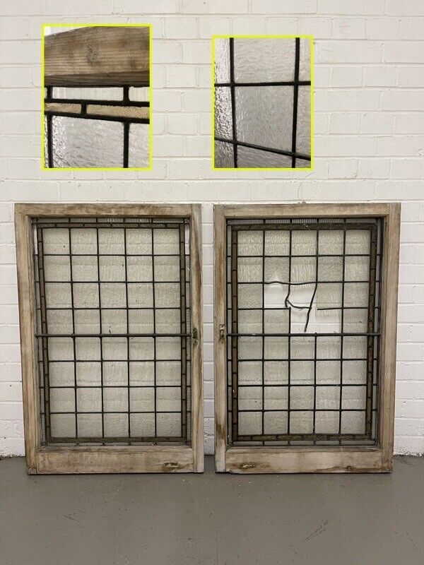 Pair Of Reclaimed Leaded Light Stained Glass Wooden Window Panels