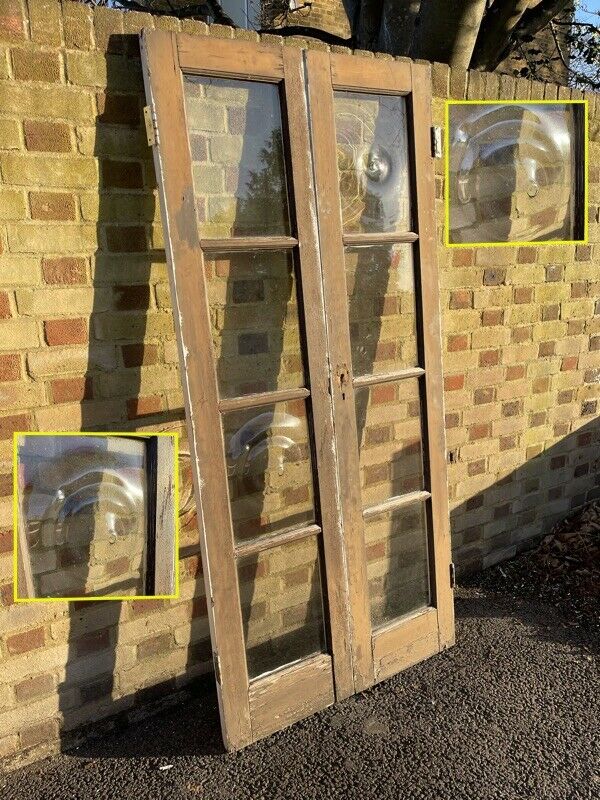 Reclaimed French Single Pane Glass Bulls Eye Wooden Double Doors 1980 x 915mm