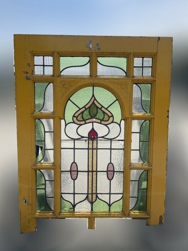 Reclaimed Leaded Light Stained Glass Art Nouveau Wooden Window Panel