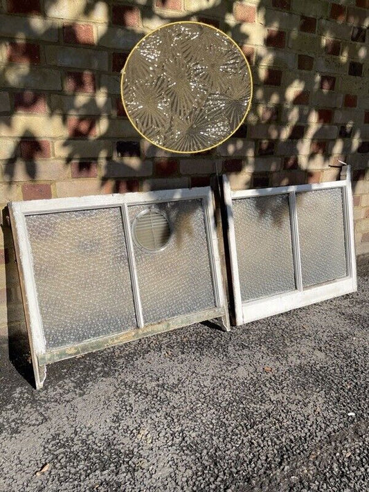 Pair Of Reclaimed Old Victorian Wooden Panel Sash Windows Muranese Glass