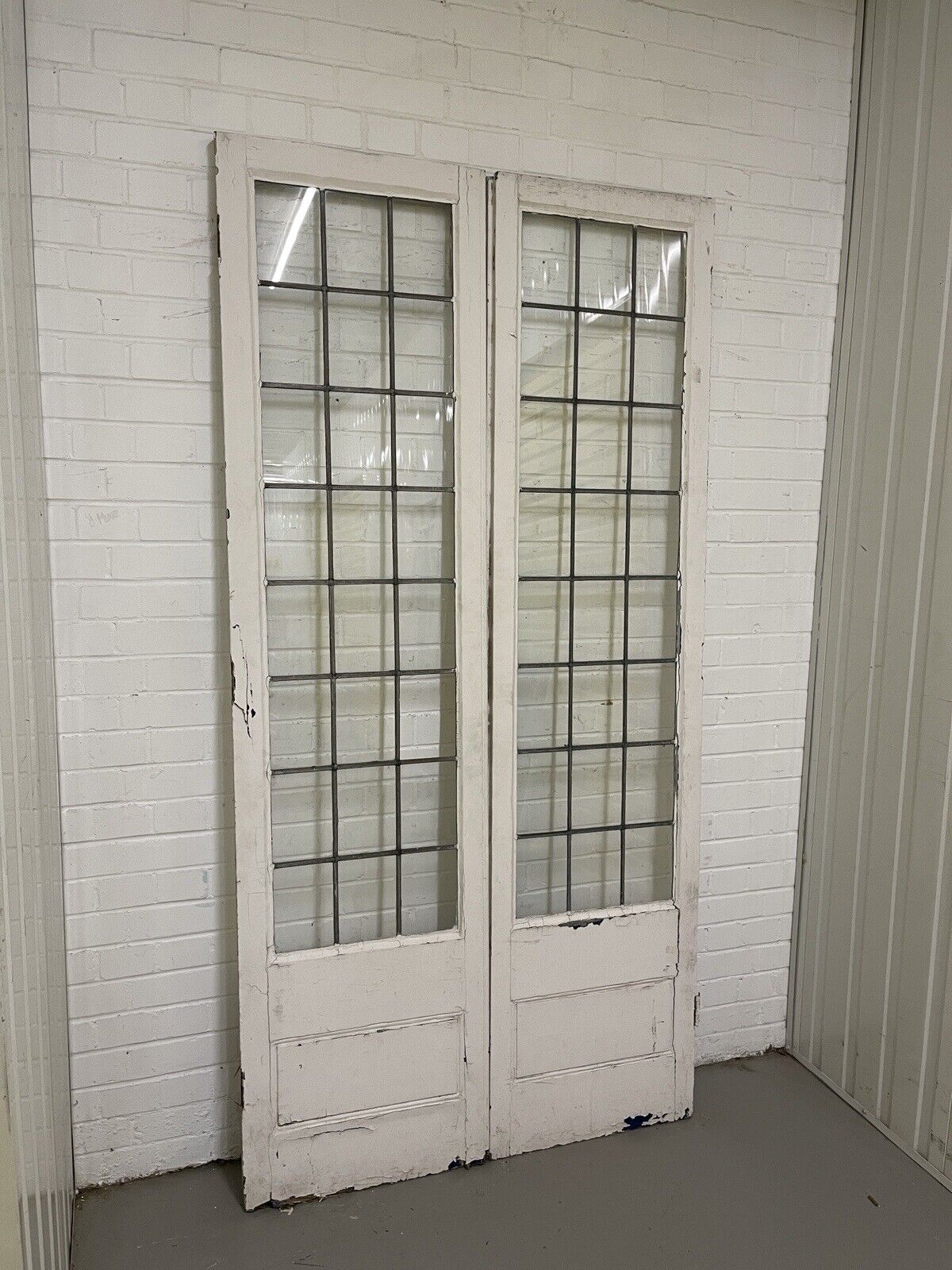 Reclaimed French Leaded Glass Panel Wooden Double Doors 2140mm x 1060mm